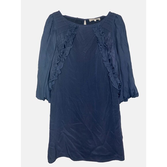TIBI Dress Women Size 2 Navy Blue 100% Silk Long Sleeve Ruffle Detail Keyhole - Picture 4 of 5